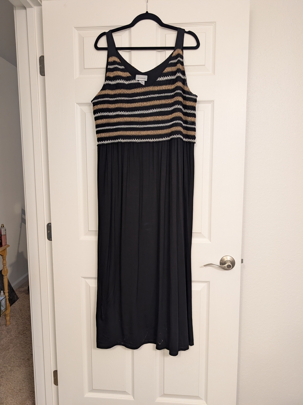 Catherines Black Maxi Dress with Metallic-Striped Bodice